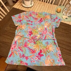 Denice Floral Scrub Summer Tropical Escape Tie V-Neck Short‎ Sleeve Pockets M